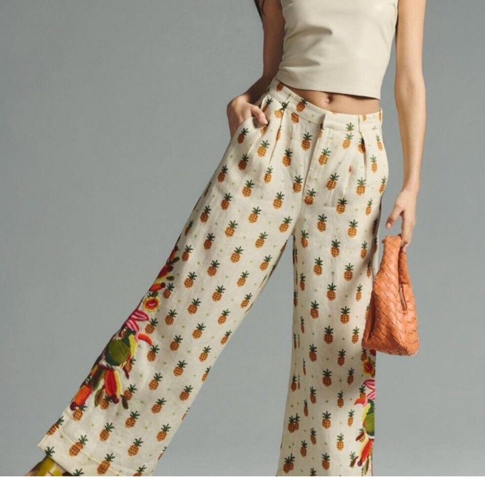 Farm Rio Anthropologie Linen Pineapple Printed Pants Embroidered Medium New